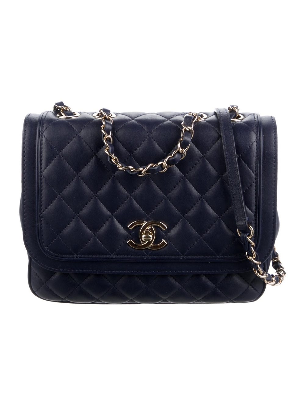 CHANEL Quilted Navy Blue Leather Shoulder Bag with Silver-Tone Chain